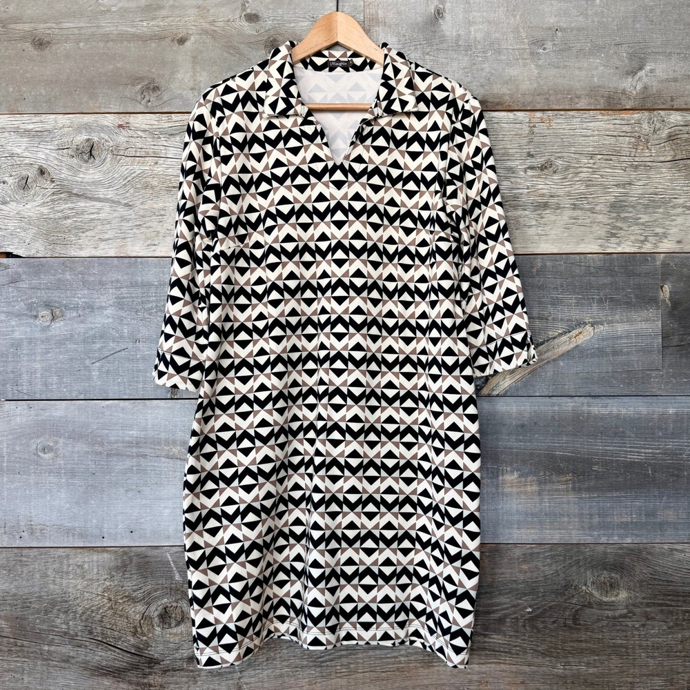 J. McLaughlin Cadence Collared Stretch Knit Geometric Print Shift Dress XL Brown
